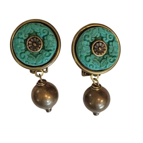 VTG Jan Michaels San Francisco Teal Molded Design earrings brass dangle Clip On - Picture 2 of 5